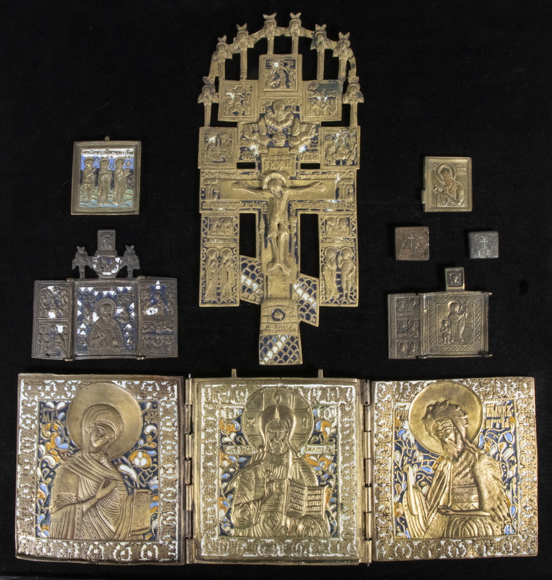 Appraisal: EARLY GREEK ORTHODOX ICONS AND RUSSIAN BRONZE ICONS Greek icons