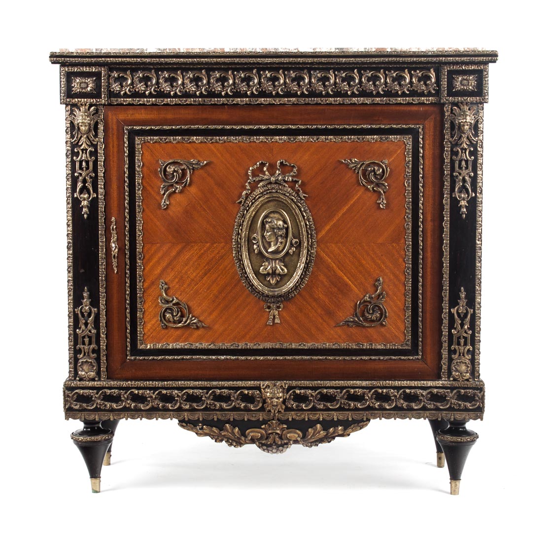 Appraisal: Louis XVI style marble top cabinet th century grey tan