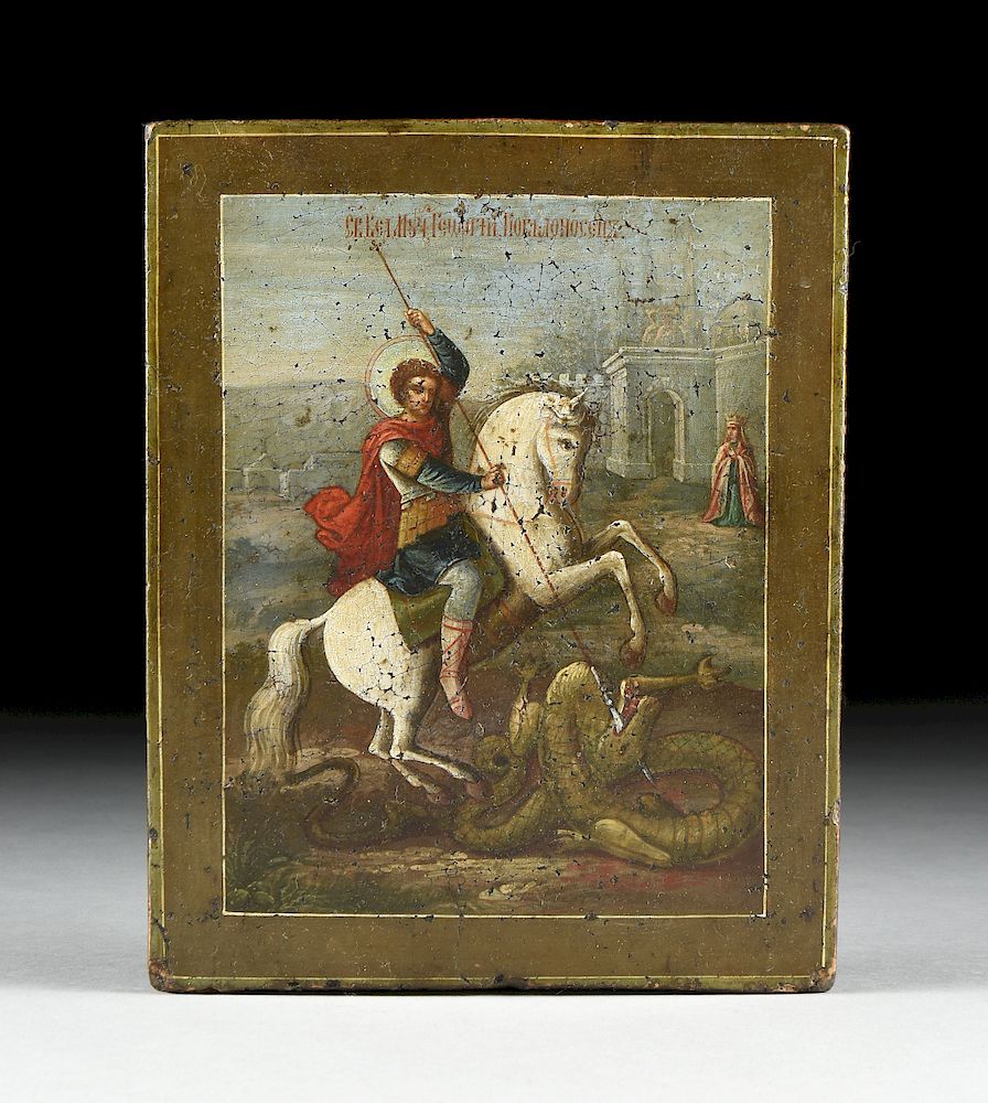 Appraisal: A RUSSIAN EASTERN ORTHODOX ICON OF ST GEORGE SLAYING THE