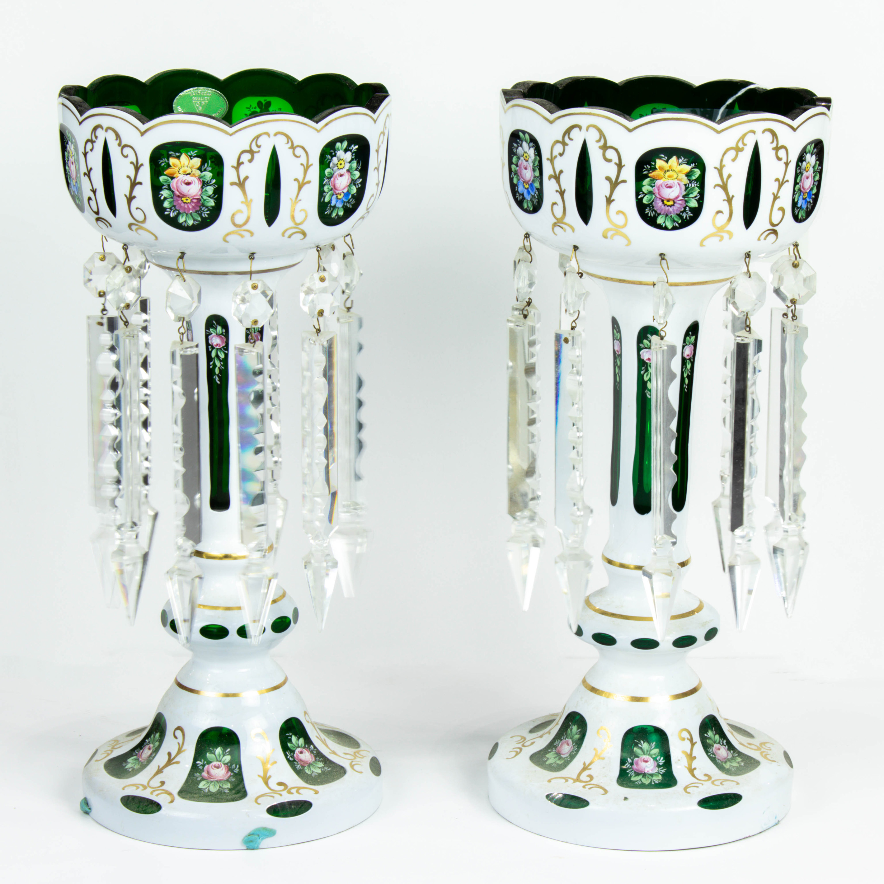 Appraisal: PAIR OF CZECHOLSOVAKIAN ENAMELED AND WHITE CASED CUT TO EMERALD