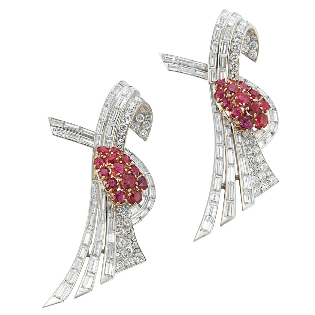 Appraisal: Pair of Platinum Gold Diamond and Ruby Brooches kt the