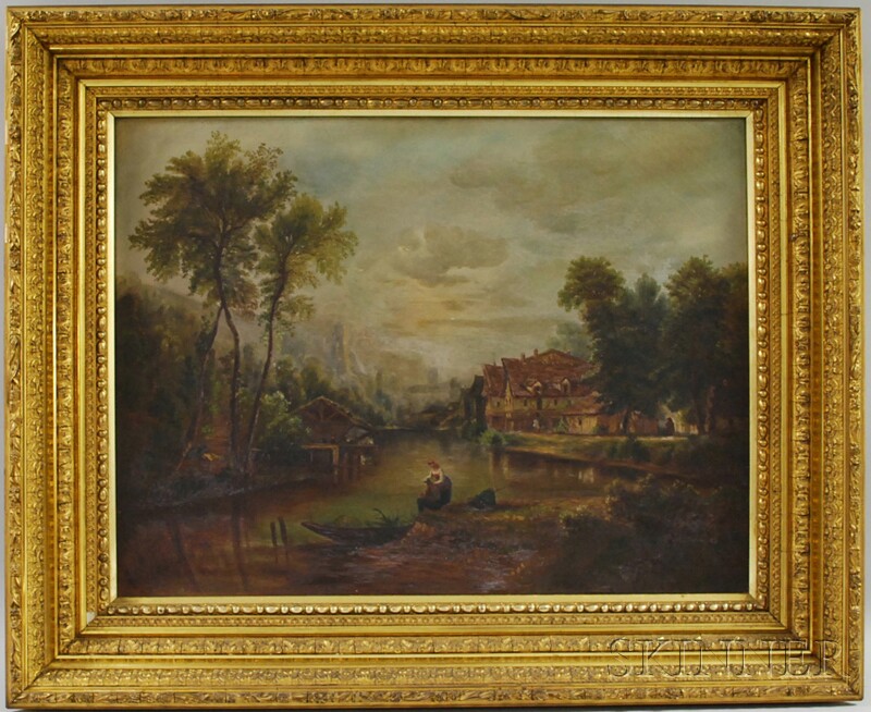 Appraisal: th Century Continental School Oil on Canvas Lakeside Village View