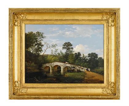 Appraisal: English school th century landscape with stone bridge Signed W