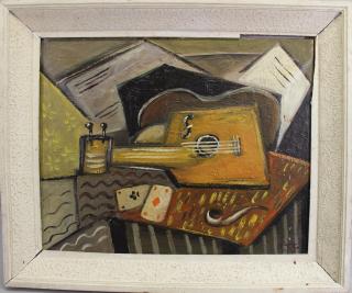 Appraisal: Vintage Cubist Painting of Guitar Signed Vintage Cubist Painting of