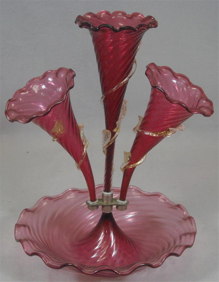 Appraisal: stalk cranberry epergne applied clear decoration h Estimate -