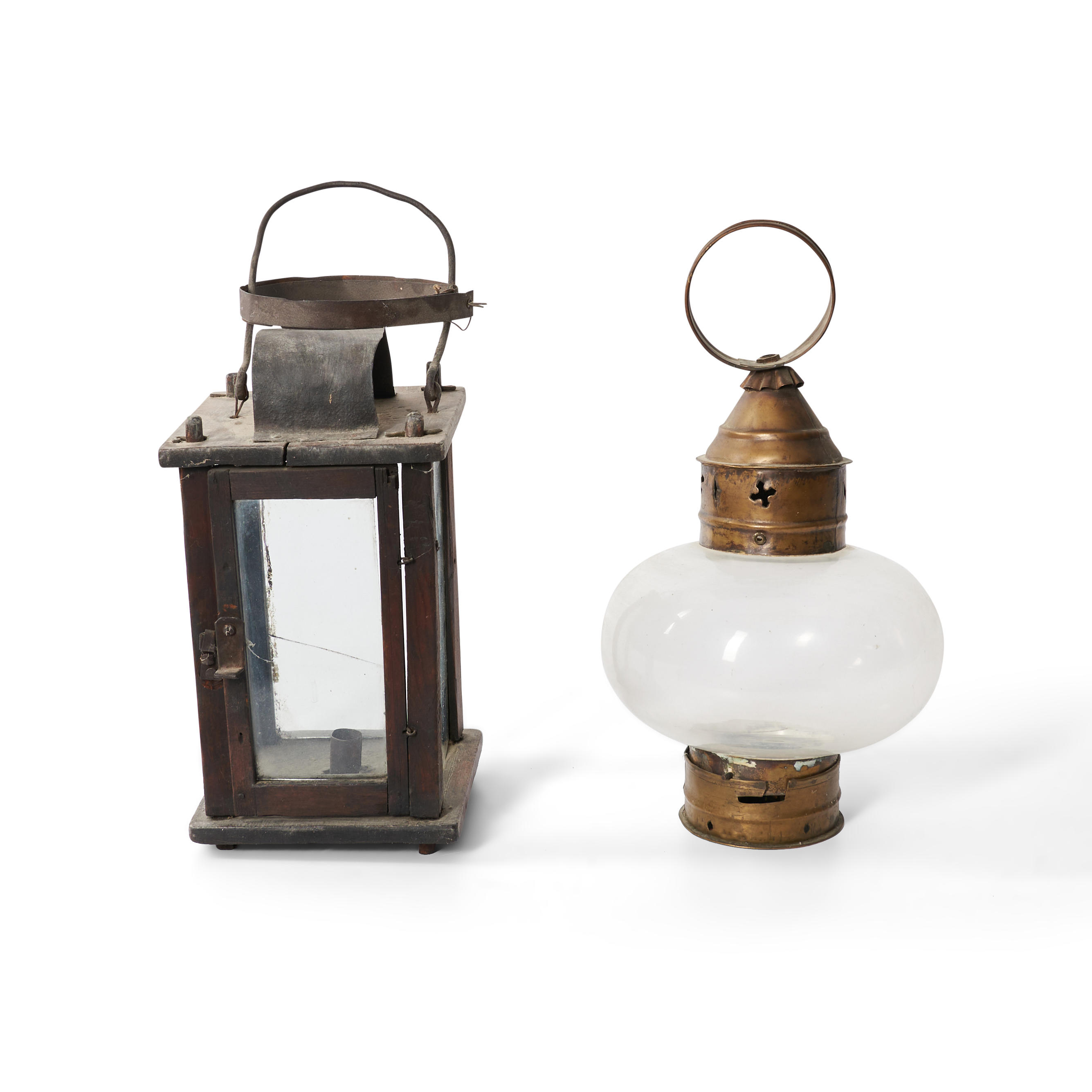 Appraisal: TWO GLASS HANGING LAMPS a wooden four-paneled lamp and a