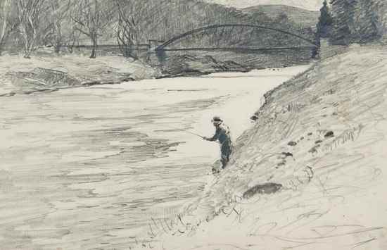 Appraisal: Norman Wilkinson - Fisherman on riverbank Pencil on wove x