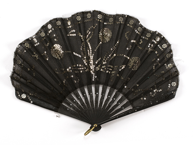 Appraisal: GAUZE AND BLACK WOOD FONTAGE FAN th CenturyWith applied floral