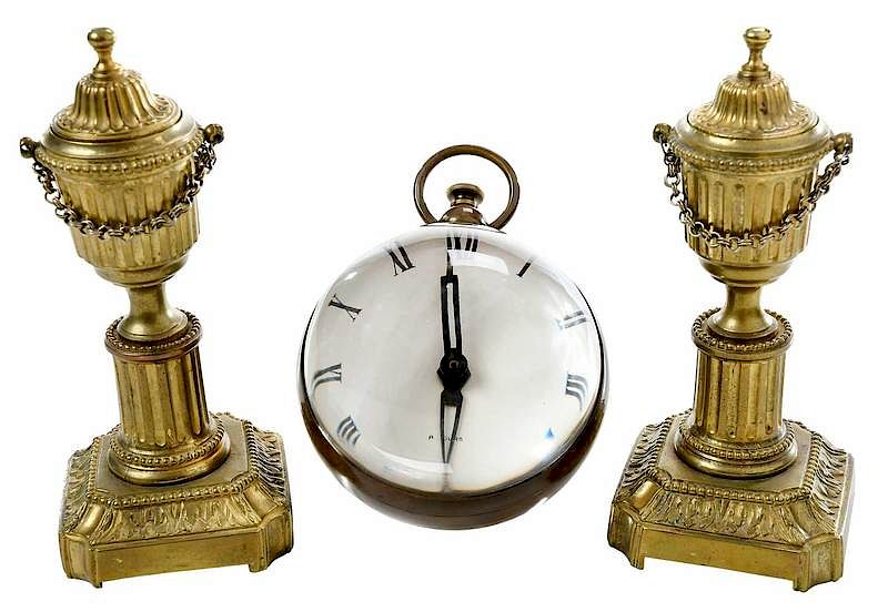 Appraisal: Pair Urn Convertible Candlesticks Ball Clock Continental th century gilt