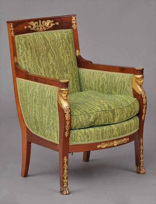 Appraisal: EMPIRE-STYLE GILT-METAL MOUNTED MAHOGANY AND PARCEL-GILT BERG RE EN CABRIOLET