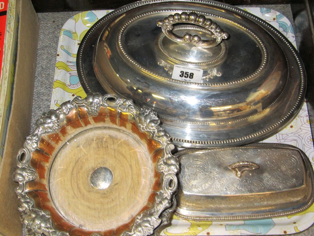 Appraisal: Tray lot of EP - entree dish wine coasters etc