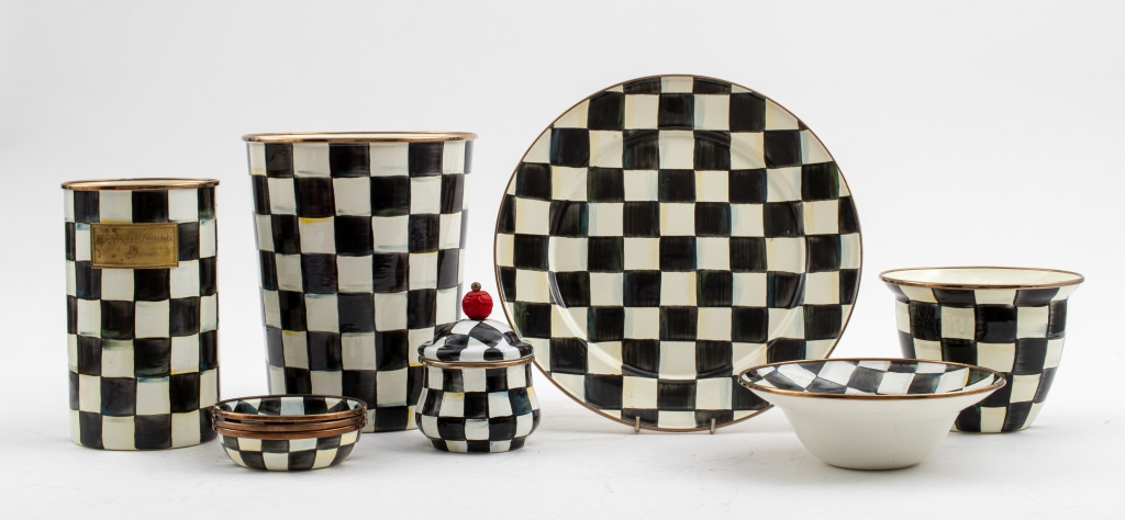 Appraisal: MACKENZIE-CHILDS COURTLY CHECK ENAMELWARE Nine pieces of MacKenzie Childs enamelware