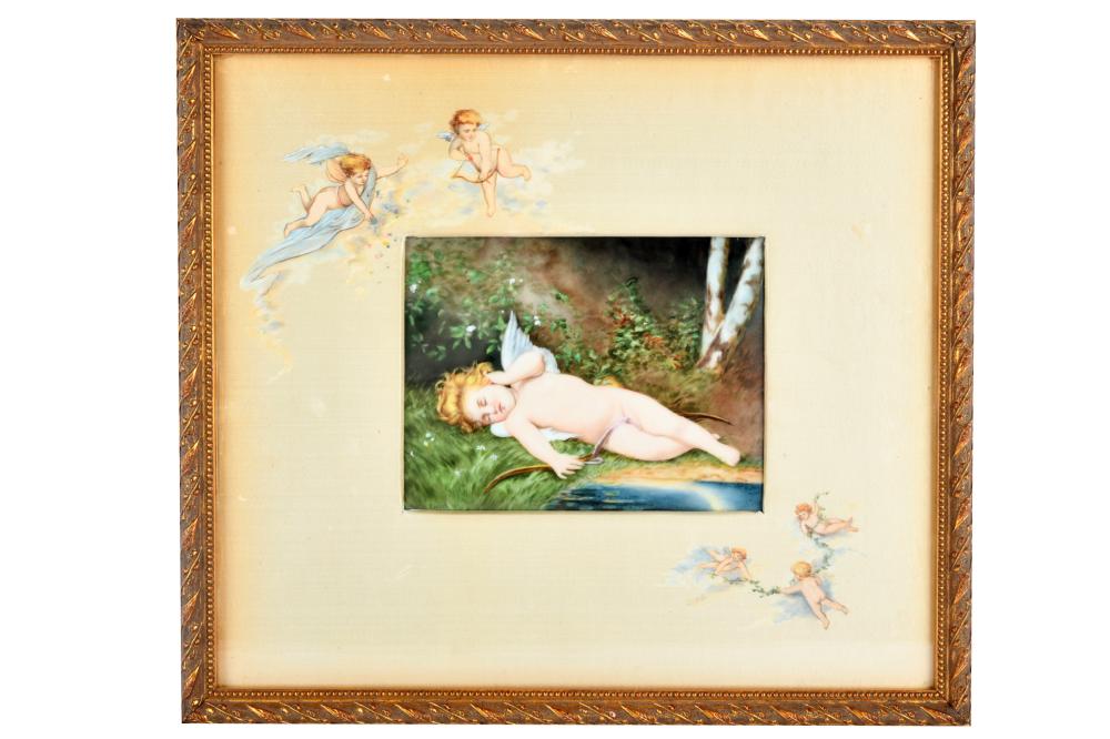 Appraisal: PAINTED PORCELAIN PLAQUEdepicting a cherub Condition framed under glass No