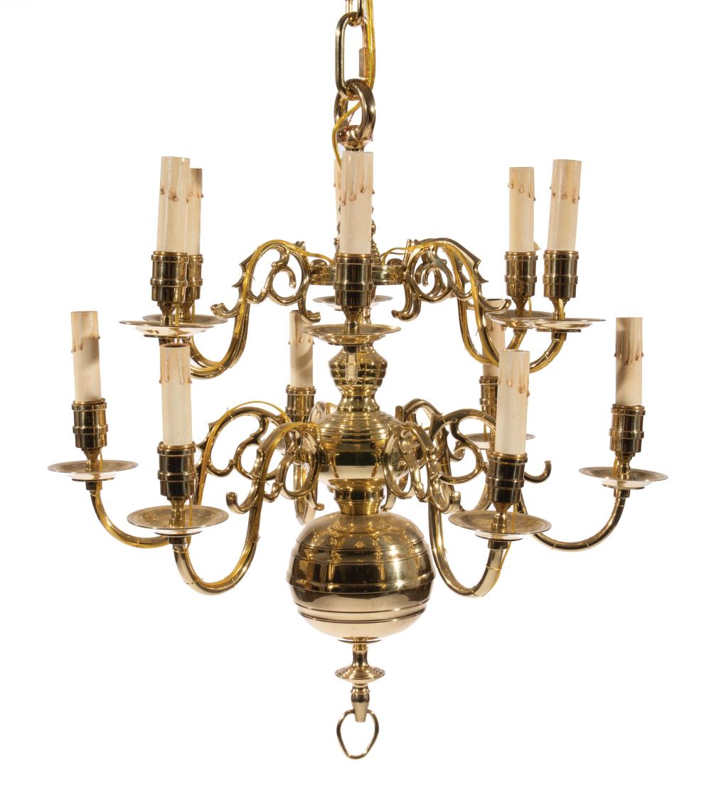 Appraisal: Antique Dutch Brass Twelve-Light Chandelier thc vasiform standard scroll arms