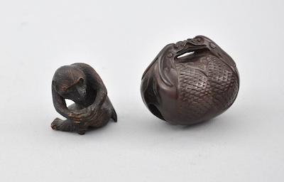 Appraisal: A Okimono Monkey by Masanao and a Drum Netsuke Both