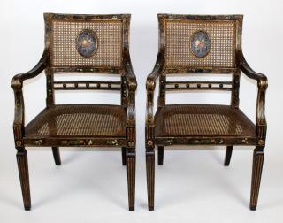 Appraisal: Pair of painted caned armchairs with floral decoration h x