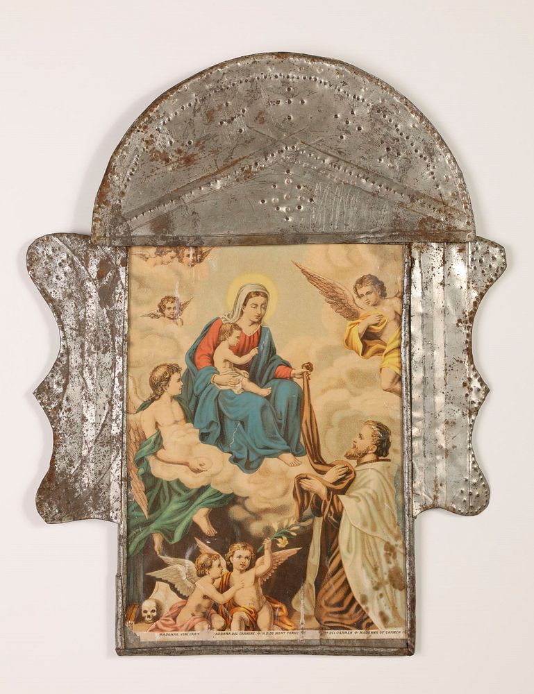 Appraisal: Two Tin Frames with Devotional Prints Attributed to Isleta Tinsmith