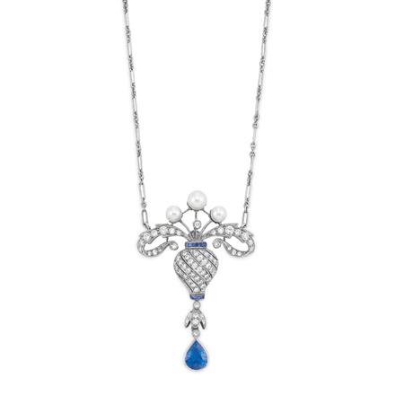 Appraisal: Diamond Sapphire and Cultured Pearl Pendant with Chain Estimate -