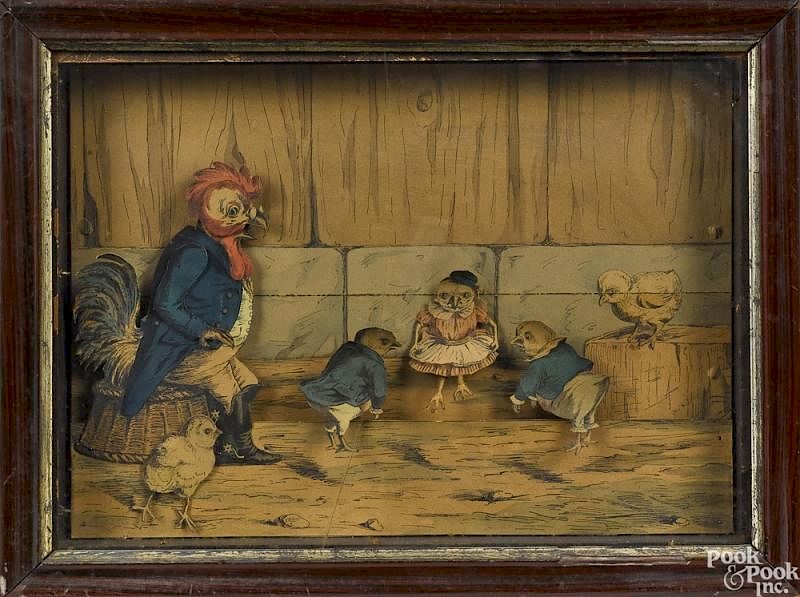 Appraisal: Animated clockwork musical picture of chickens Animated clockwork musical picture