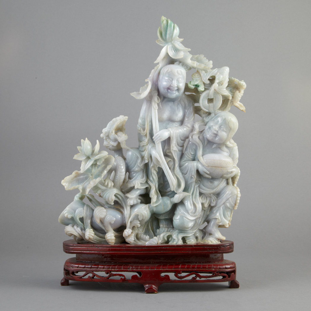 Appraisal: Chinese Celadon Jade Figural Group of He He Erxian th