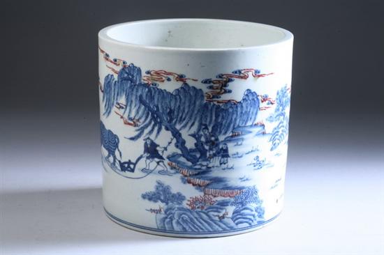 Appraisal: CHINESE BLUE AND COPPER RED PORCELAIN BRUSH POT BITONG Painted