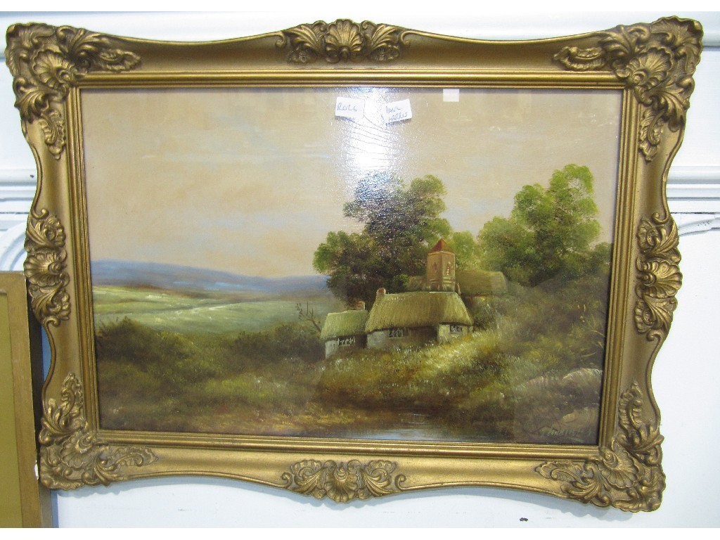 Appraisal: Oil on board landscape with a farm indistinctly signed lower