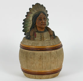 Appraisal: Terra cotta barrel stave tobacco humidor jar figural Native American