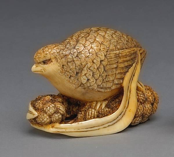 Appraisal: A tinted ivory animal study School of Okatomo Finely carved