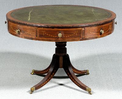 Appraisal: Fine inlaid mahogany drum table banded and tooled leather top