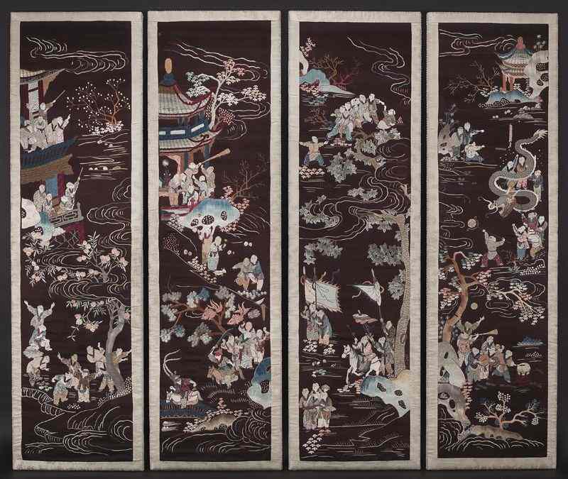 Appraisal: Chinese Republic four panel embroidered screendepicting birds and landscapes Each