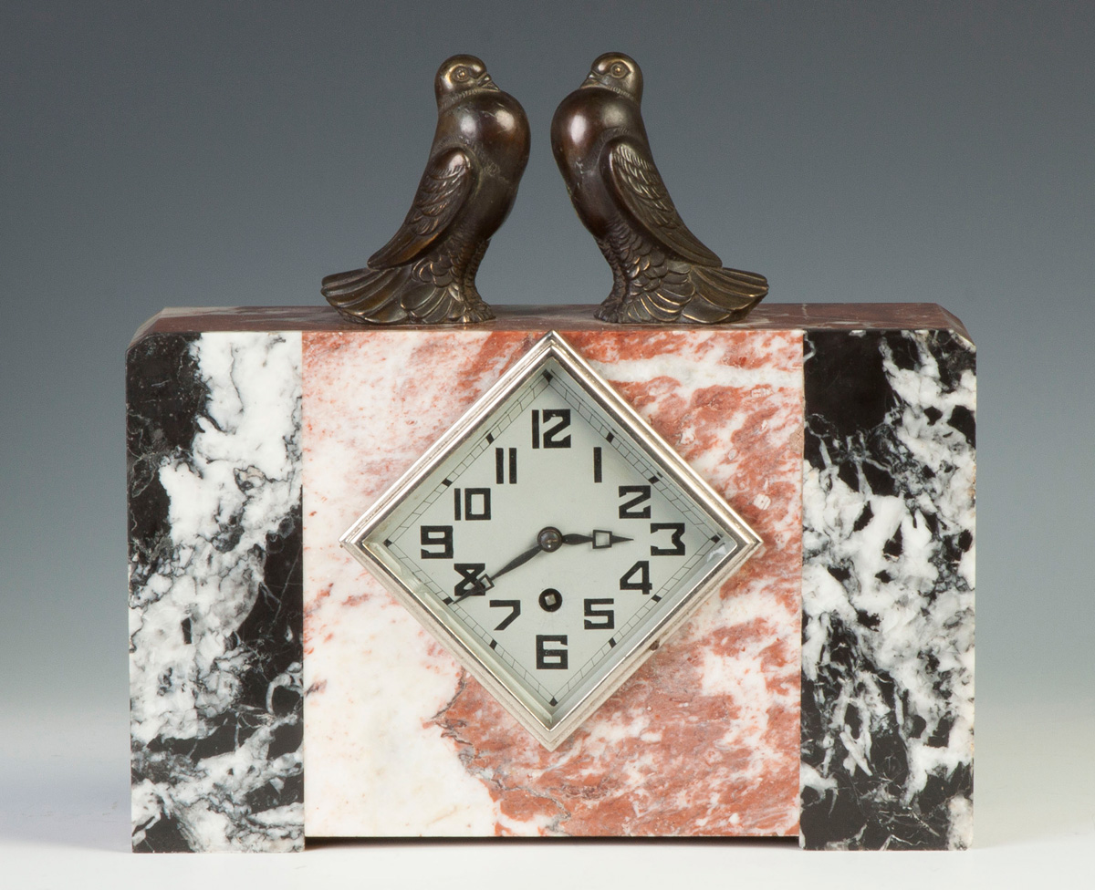 Appraisal: Art Deco Marble Clock w Birds C 's day time