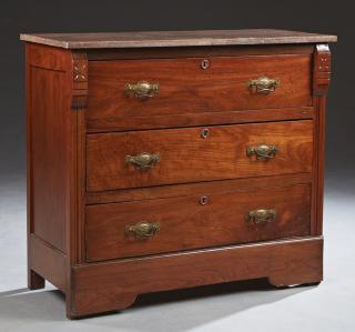 Appraisal: American Eastlake Walnut and Marble Top Three Draw American Eastlake