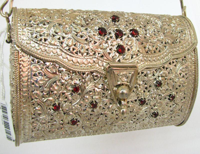 Appraisal: Sterling Silver Engraved Floral Motif Evening Bag with Garnets with