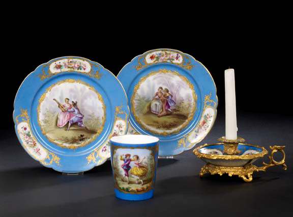 Appraisal: Pair of French Bleu Celeste-Bordered Porcelain Plates in the Sevres