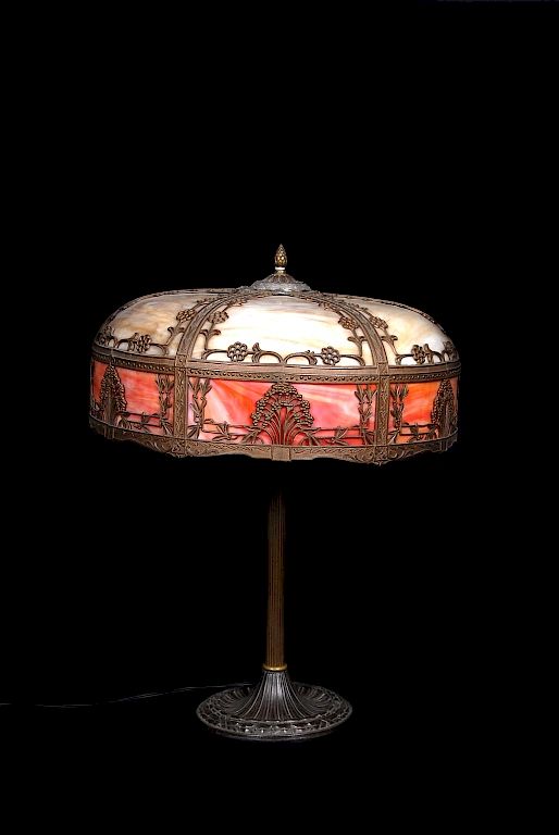 Appraisal: Bent Slag Glass Lamp W Metal Overlay Bent Red And