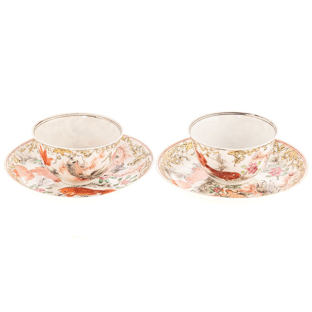 Appraisal: Pair Chinese Export Sacred Carp Tea Bowls Saucers Circa decorated