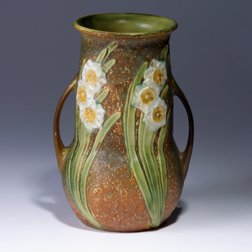 Appraisal: ROSEVILLE Jonquil bulbous two-handled vase Cracks to one handle Remnant