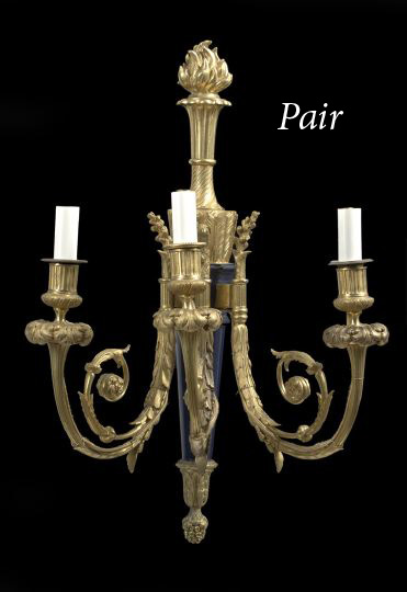 Appraisal: Pair of French Gilt-Bronze and Cobalt Blue-Enameled Three-Light Quiver Appliques