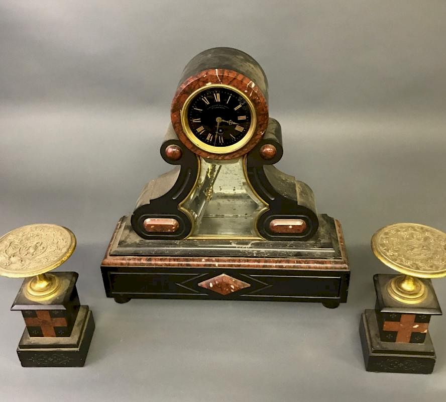 Appraisal: French Black Onyx and Red Clock with Garnitures French black