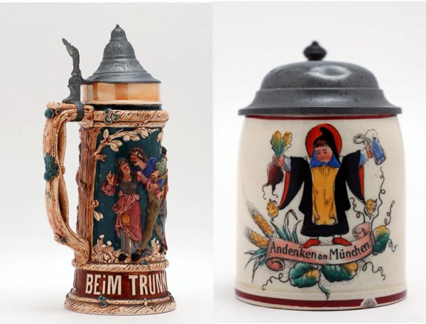 Appraisal: Stein with figures of dancers having vine handle pewter lid