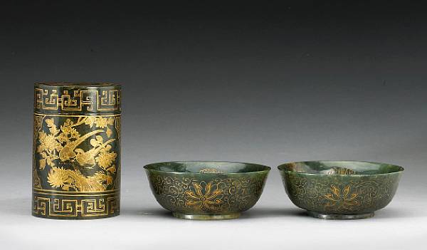 Appraisal: A group of 'spinach' jade containers with gilt-painted decoration th