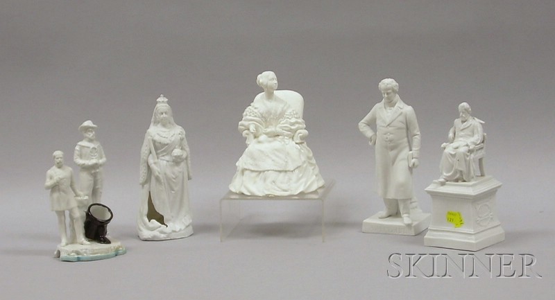 Appraisal: Six Parian and Porcelain Figurals a seated maiden figural group