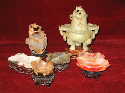 Appraisal: Six hardstone carvings Chinese th c Comprising two mottled-green jadeite