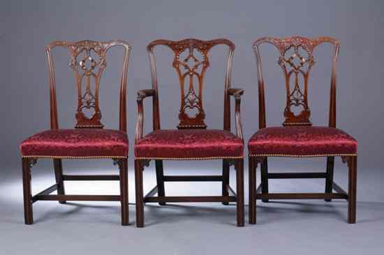 Appraisal: SET SIX CHIPPENDALE STYLE CARVED WALNUT DINING CHAIRS Red damask