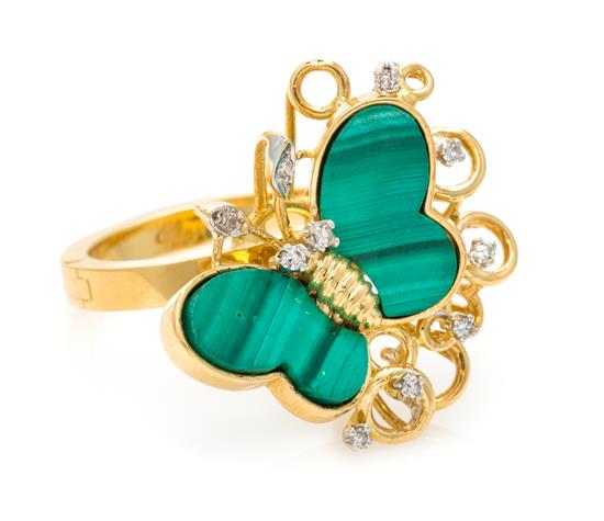 Appraisal: Sale Lot An Karat Yellow Gold Malachite and Diamond Butterfly