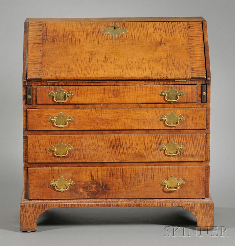 Appraisal: Queen Anne Tiger Maple Slant-lid Desk possibly southeastern Massachusetts mid-