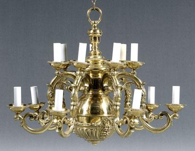 Appraisal: Brass chandelier seven scrolled arms each with two tiers of