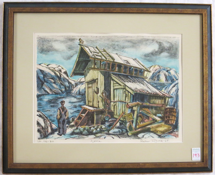 Appraisal: REIDAR FRITZVOLD LITHOGRAPH Norway - Fisherman's shack Image measures x