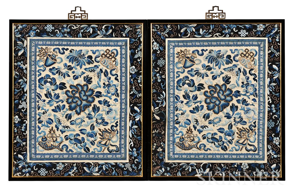 Appraisal: Pair of Embroidered Panels China th century the rectangular panels