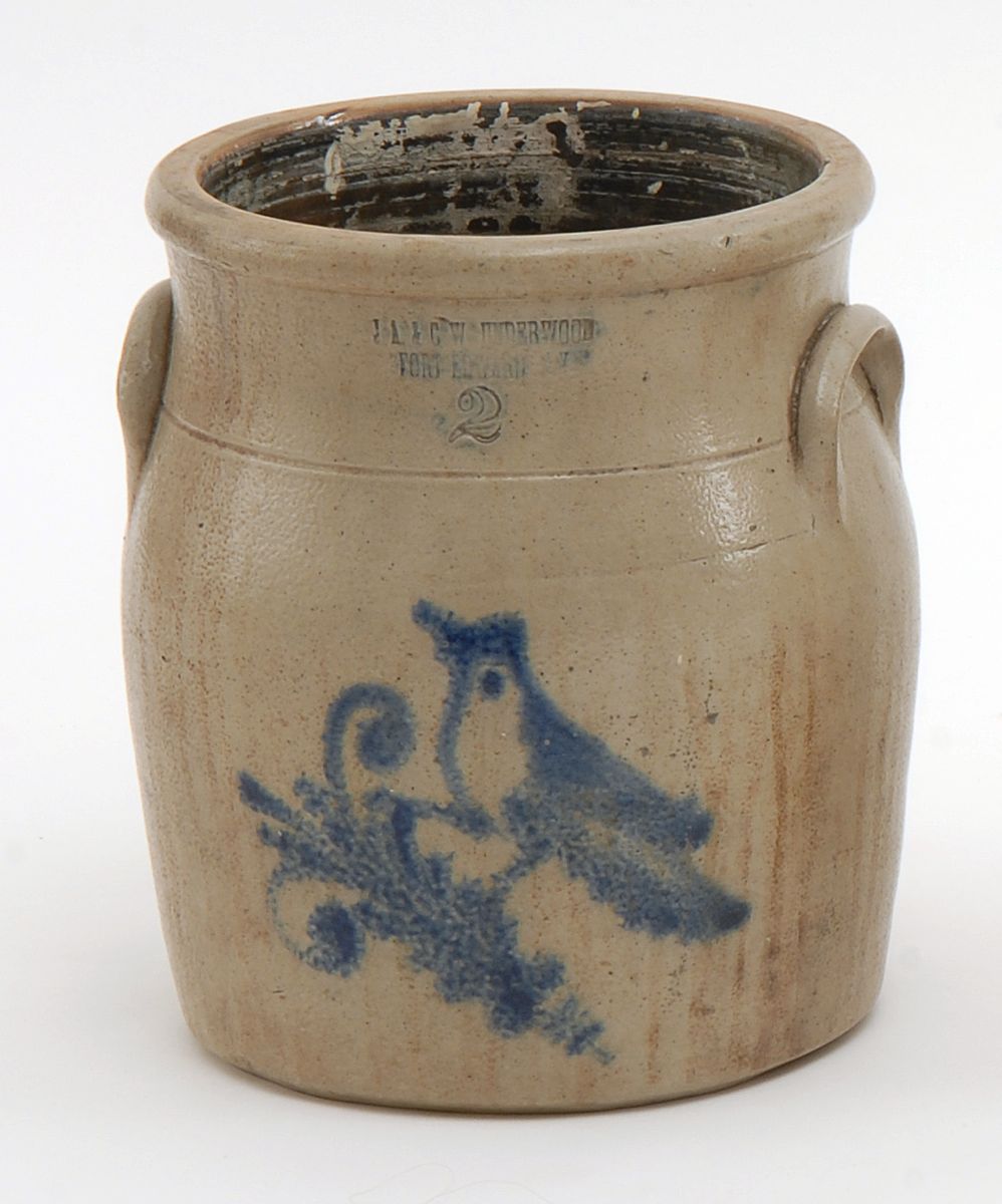 Appraisal: TWO-GALLON STONEWARE CROCK th CenturyWith cobalt blue bird and foliate